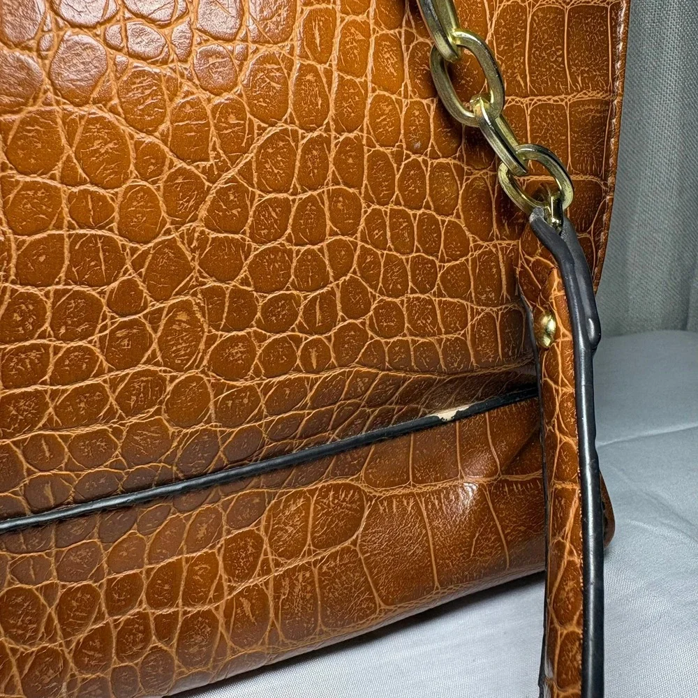 Anne Klein Cognac Brown Croc Embossed Tote‎ Bag Gold Chain Zebra Print Lining
